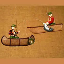 Fisherman in Canoes Ornaments - Pair W3822
